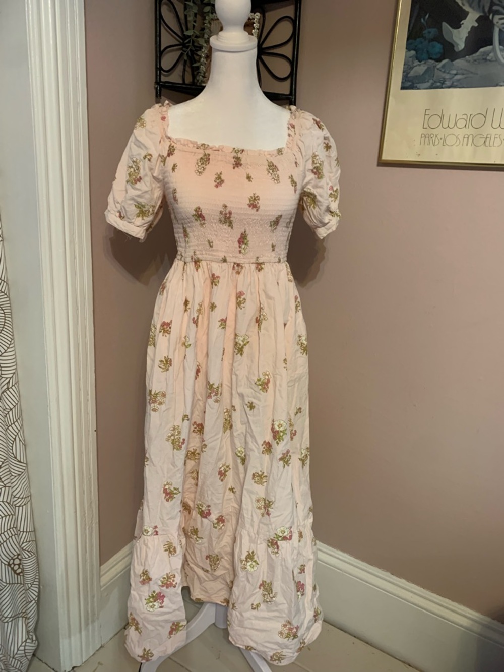 Japna Pink Floral Smocked Maxi Dress spring cottagecore feminine girly cute - Picture 2 of 8